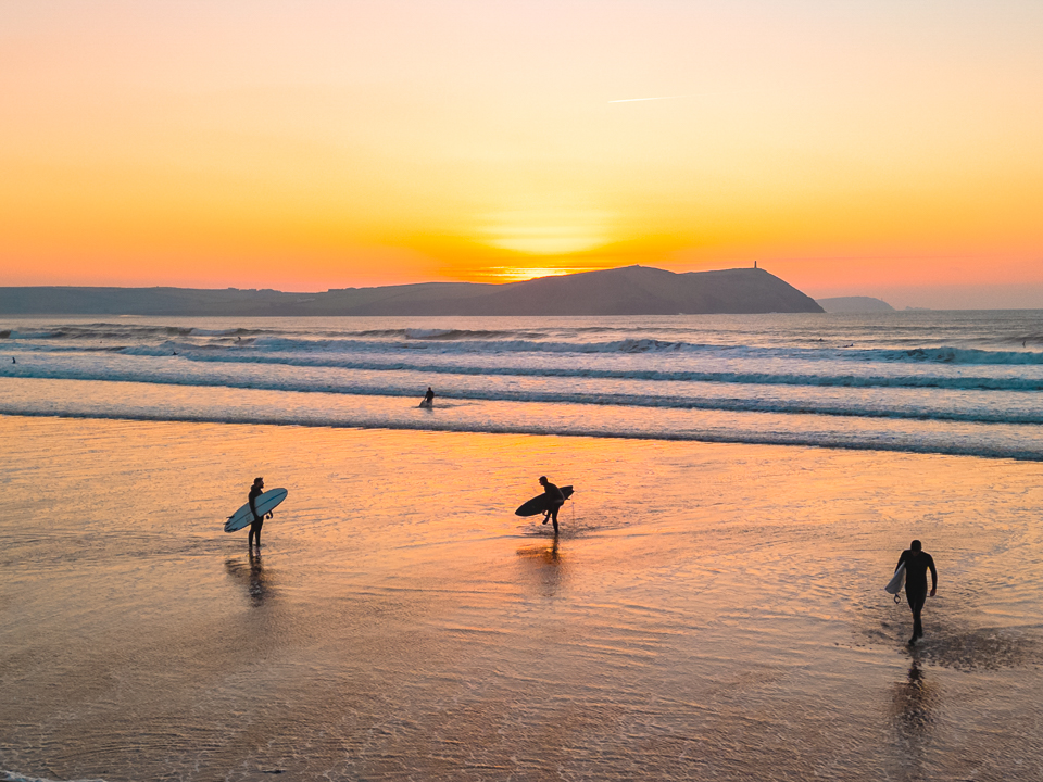 Polzeath sunset surf